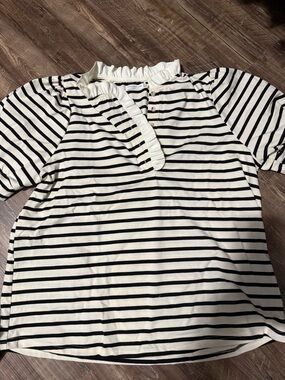 Chic Soul Striped Ruffle Neck Short Sleeve Top - Black & Cream